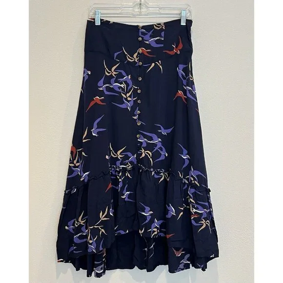 Anthropologie Maeve Women’s Midi Skirt Size 4 Merida Birds Graphic Flounced Blue - Picture 14 of 16